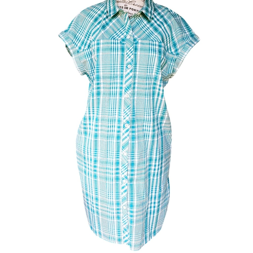 Pendleton Shirt Dress Womens M Teal White Plaid Cotton Short Sleeve 2 Pockets